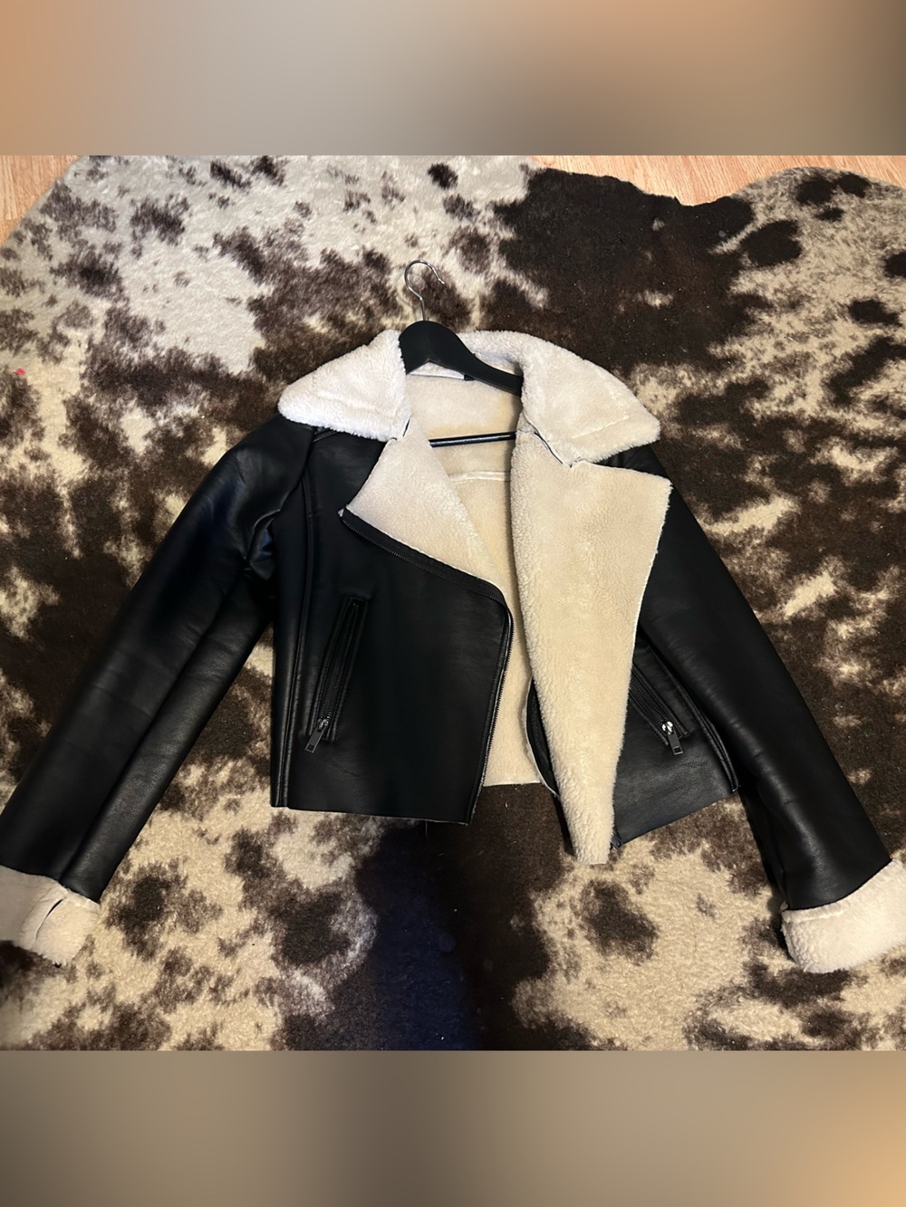 wild fable Black Faux Leather Shearling Jacket with Cream Lining